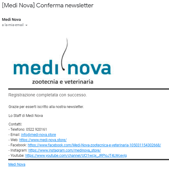 Email conferma iscrizione newsletter