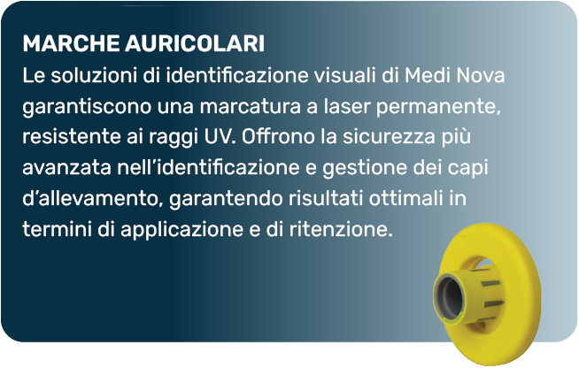 MARCHE AURICOLARI - Le soluzioni di identificazione visuali di Medi Nova garantiscono una marcatura a laser permanente, resistente ai raggi UV. Offrono la sicurezza più avanzata nell'identificazione e gestione dei capi d'allevamento, garantendo risultati ottimali in termini di applicazione e di ritenzione.